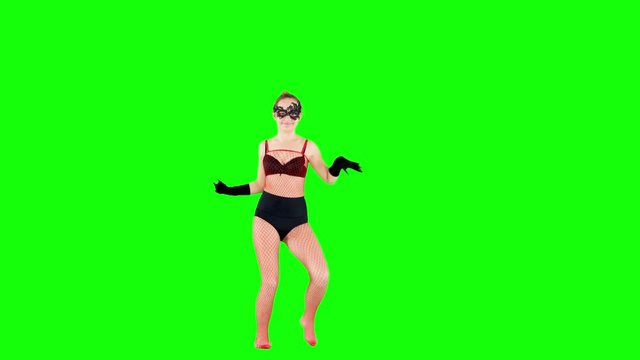 Club Dancer in Bodystocking and Black Lingerie on Green Screen