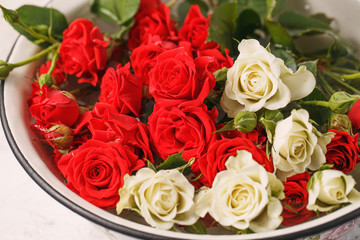 Bouquet of fresh red and white roses,