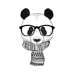 Panda hipster portrait in glasses and ornate knitted scarf. Hand drawn vector illustration