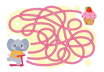 Maze game for children. Cartoon cute elephant and cake.