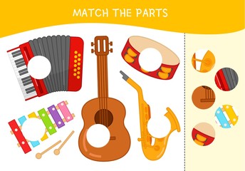 Matching children educational game. Match parts of cartoon musical instruments. Activity for pre sсhool years kids and toddlers.