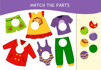 Matching children educational game. Match parts of cartoon clothes. Activity for pre sсhool years kids and toddlers.