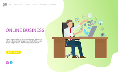 Online business web poster, man and processes computer, multi channel search and payment systems, messages and cloud storage sales vector. Website or webpage template landing page in flat