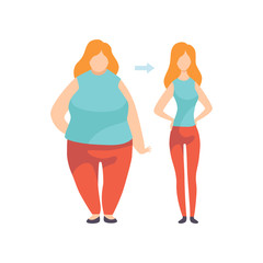 Young Woman Before and After Losing Weight, Overweight and Athletic Version of Girl Vector Illustration