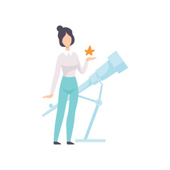 Fototapeta premium Female Astronomer Character with Telescope Vector Illustration