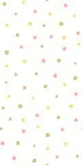Hand drawn seamless geometric pattern with circles, in pink, green, yellow, on white background. Vector illustration. Flat style design. Concept for kids textile print, wallpaper, wrapping paper.