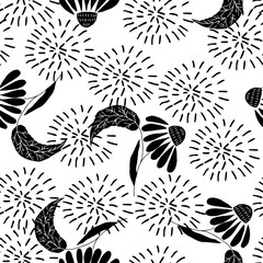 Monochromatic, pink doodle hand drawn vector pattern wiht daisy flowers and circles. Repeat seamless pattern tile with white background.