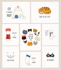 Foto auf Acrylglas Abbildungen Kartenset mit niedlichen Farbkritzeleien verschiedener Katzen mit lustigen Zitaten für Katzenliebhaber. Handgezeichnete Vektor-Illustration. Strichzeichnung. Designkonzept für Poster, T-Shirt, Modedruck.