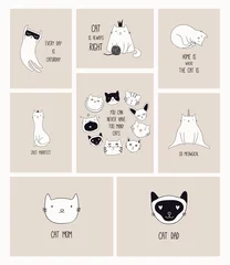 Foto auf Acrylglas Kartenset mit süßen monochromen Kritzeleien verschiedener Katzen mit lustigen Zitaten für Katzenliebhaber. Handgezeichnete Vektor-Illustration. Strichzeichnung. Designkonzept für Poster, T-Shirt, Modedruck. © Maria Skrigan