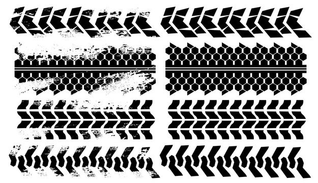 Vehicle and tractor automobile tire tracks imprints vector illustration. Grunge automotive element useful for poster, print, flyer, book, booklet, brochure and leaflet design. Set of four.