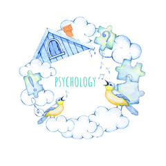 hand drawn watercolor wreath on the subject of psychology
