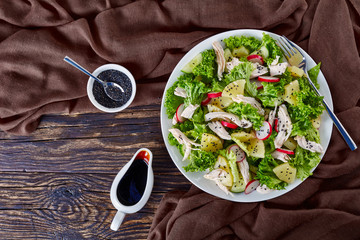chicken, lettuce, ananas, radish, cucumber salad