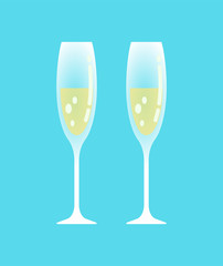Champagne glasses with alcoholic beverage poured in containers vector. Special occasion for drinking alcohol type of drinks, wedding ceremony party