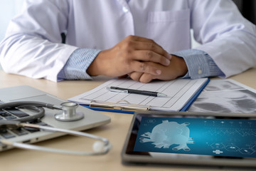 Health care writing prescription Doctor working modern virtual screen interface network