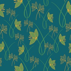 Hand drawn crocus plants in lawn, blue, green, gold colors. Silhouettes and line drawings on colored background. Vector seamless pattern, doodle sketch. 