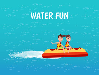 Water fun inflatable rubber transport with text poster vector. Male and female riding banana boat on sea surface. Entertainment and rest time of teens