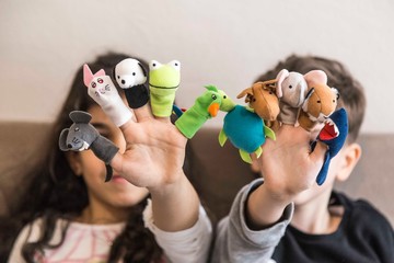 Funny animals puppets in the fingers. Children's activities concept.Happy teachers day 