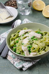 Fettuccine pasta with meat slices