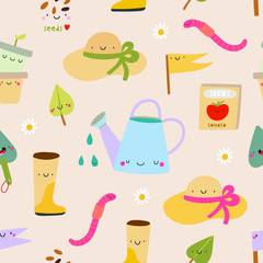 Gardening - super cute vector pattern. Seamless texture with Garden Tools: watering can, hat, seeds, boots, flowers. Plant Lady ornament, perfect for wrapping paper or print.