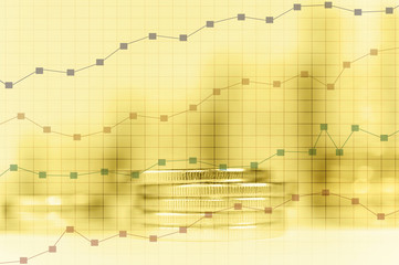 Double exposure of graph and rows of coins for finance and business concept.