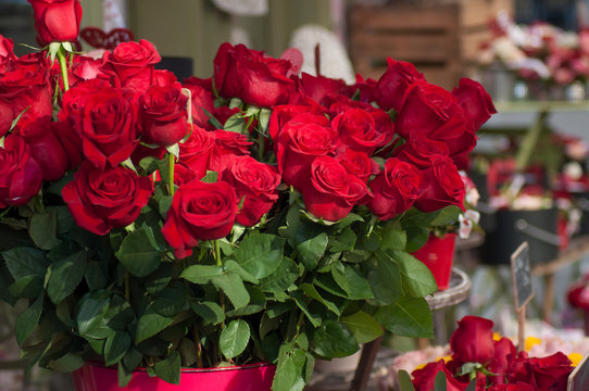 closeup of red roses bouqet at the florist for the valentines day