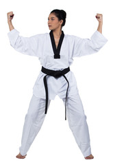 Master Black Belt TaeKwonDo Beautiful Asian Caucasian Woman instructor Teacher fighter show hit pose, studio lighting white background isolated.  White fighting suit outfit, motion blur hand foots