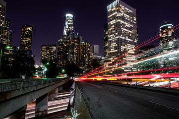 Downtown Los angeles Speeding car light trails at night