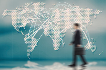 Business man against a world map with some worldwide international connections. Empty copy space...