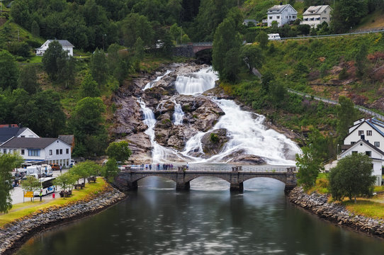 Waterfall in Hellesylt, a small town at the entrance to Geirangerfjord