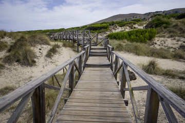 Fototapeta premium Wooden bridge over the beach of Palma de Mallorca, Cala Mesquida is such a beautiful place to be