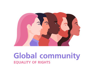 Male and female faces in profile. International relationships. Diversity culture. Team. Vector flat illustration