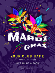 Mardi Gras party template design with colorful party mask on abstract purple background.