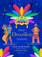 Colorful feather headdress illustration with dancing couple character on blue abstract background for Happy Brazilian Carnaval template design.
