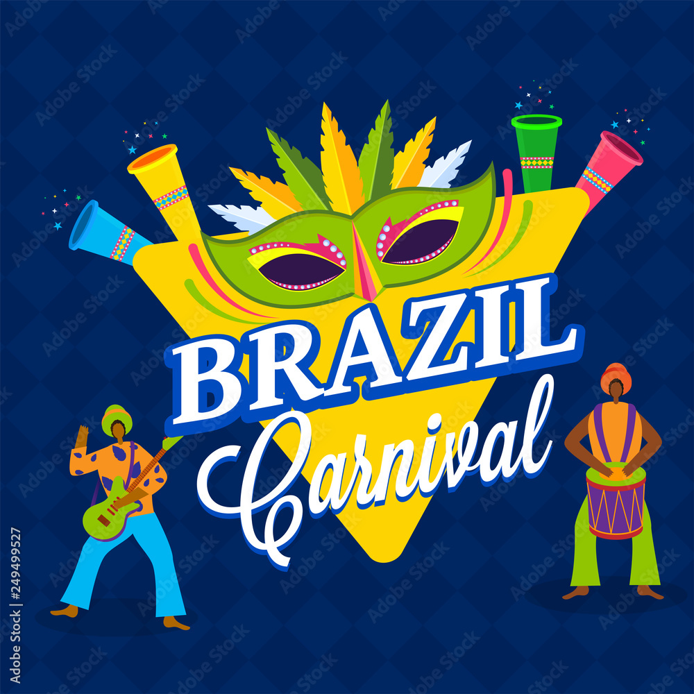 Wall mural Brazil Carnival poster design with illustration of party mask and fun loving brazilian people on blue background.