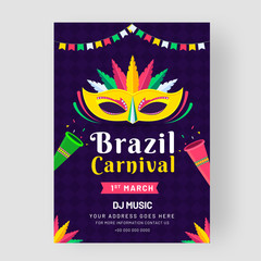 Brazil Carnival party template or flyer design with flat style party mask and popper on purple background.