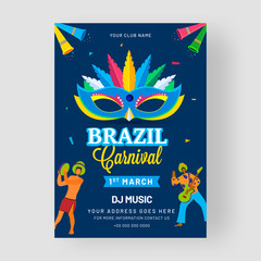Brazil Carnival party template design with illustration of party mask and dancing people character on blue background.