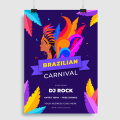 Template or flyer design with beautiful woman in carnival costume for Brazilian Carnival celebration concept.