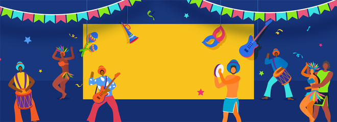 Advertising header or banner design with brazilian people character and musical instruments on blue background.