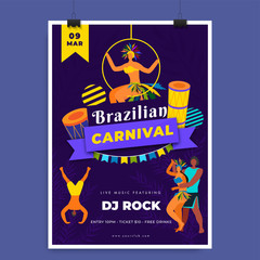 Brazilian Carnival template or flyer design with dancing couple character and music instrument on purple background.