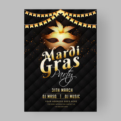 Mardi Gras Party template for flyer design with party mask illustration on black background. © Abdul Qaiyoom