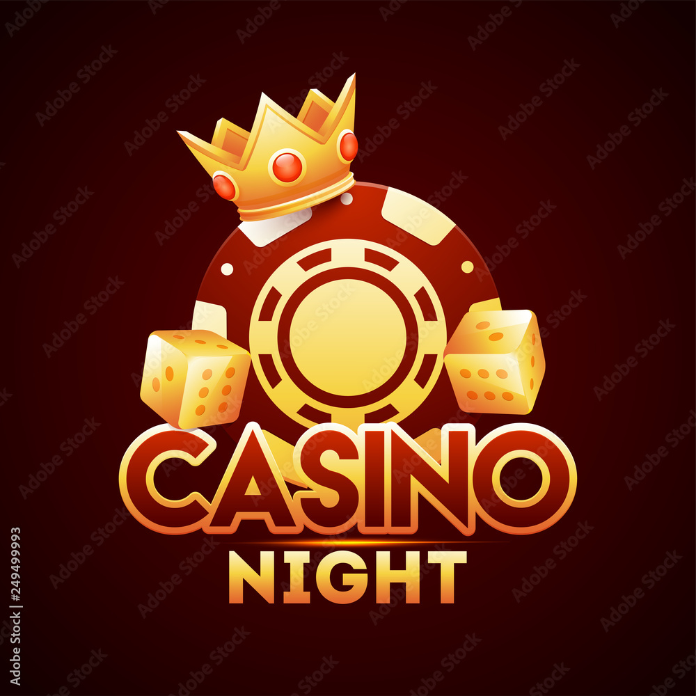 Wall mural Casino night template poster design with realistic casino chip, dices and crown illustration on brown background.