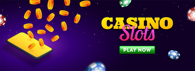 Casino slots header or banner design with smartphone, gold coins and casino chips illustration on purple background for online gambling play concept.