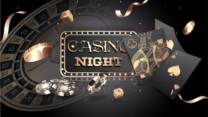 Advertising poster design, Casino Night text with casino chips, coins and playing cards illustration on black background.