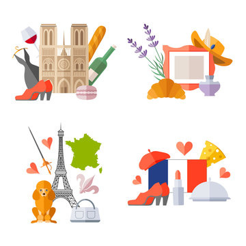 Set of ready-made composition on the theme of traveling to France. Vector templates with french symbols in flat style.