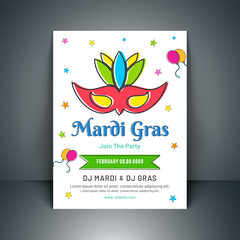 Flat style colorful party mask illustration for Mardi Gras party template or flyer design.
