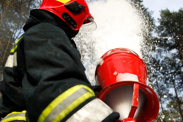 Extinguishing forest fire.Belarus, Firefighter extinguishes a fire.Fighting fire. Fire Foam