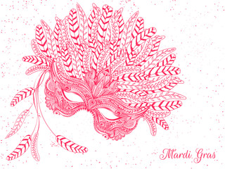 Doodle style red feather party mask illustration on white background for Mardi Gras poster design.