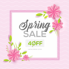 Spring sale template or poster design with 40% discount offer and decorative paper flowers.