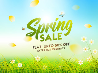 Spring Sale poster or banner design with 50% and extra 20% cashback discount offer on nature landscape background.