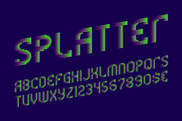 Splatter letters with numbers and currency signs. Pink green gradient font. Isolated english alphabet.